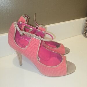 Manolo Blahnik Pink And Tan Peep Toe Pumps